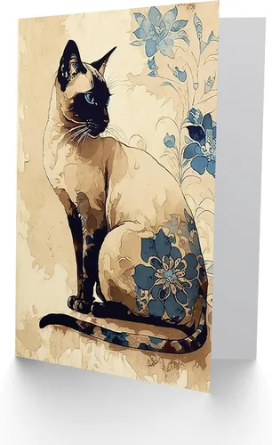 Miniatura 3 de Artery8 Gato siamés con flores azules acuarela y tinta ilustración moderna arte cumpleaños sellada tarjeta de felicitación más sobre en blanco
