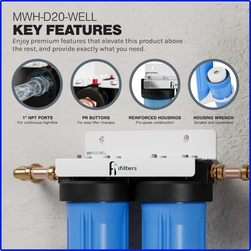 Miniatura 5 de iFilters MWH-D20-WELL - Sistema de filtro de agua de pozo de doble etapa de 4.5 x 20 pulgadas para toda la casa - Filtración de sedimentos