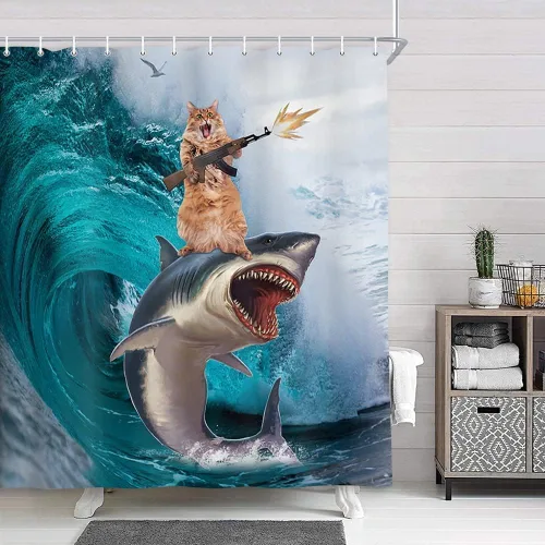 Miniatura 4 de NYMB Divertida cortina de ducha de gato para baño de niños, genial gato montando ballena, tiburón en olas del océano, cortinas de ducha de tela