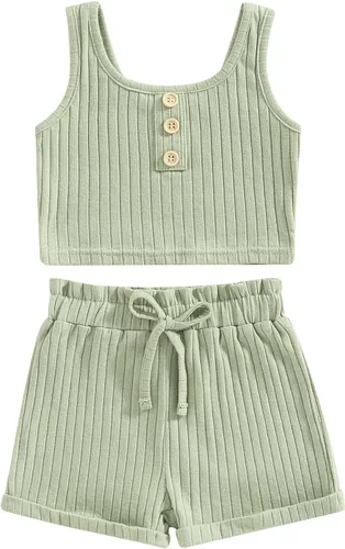 LIOMENGZI Conjunto de ropa de verano para niñas pequeñas, chaleco acanalado con botones de color sólido, pantalones cortos con cordón