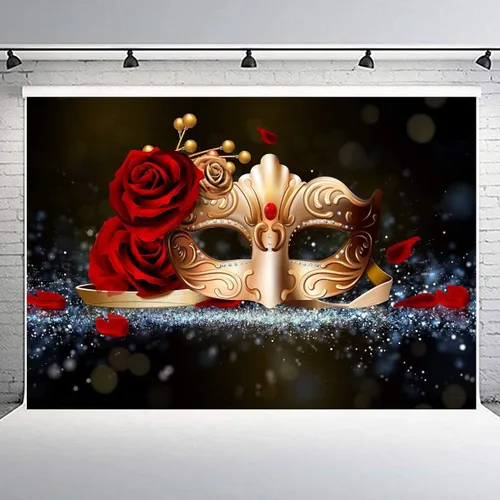 Miniatura 7 de Telón de fondo para fiesta de máscaras, máscara dorada, rosa roja, telón de fondo para fiesta, Mardi Gras, eventos, baile, fondo fotográfico