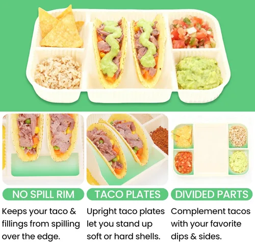 Miniatura 5 de Platos desechables para tacos de 4 compartimentos para 2 tacos y 4 lados, borde elevado extra profundo, almidón de maíz biodegradable, apto