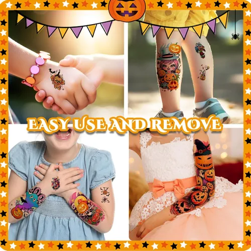 Miniatura 6 de Tatuaje temporal de brazo completo para niños, 52 hojas de tatuajes falsos de Halloween realistas para niños y niñas, recuerdos de fiesta