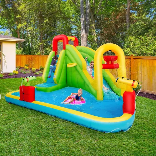 Miniatura 2 de HONEY JOY Tobogán acuático inflable, parque acuático inflable 7 en 1 para patio trasero de niños, piscina de chapoteo, pared de escalada, toboganes