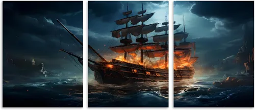 Miniatura 2 de TutuBeer 3 Piezas Arte de Pared Batalla Naval Barco Imagen Barco Pirata Velero Póster Barco Pirata Azul en Llamas Imagen Impresa en Lienzo Póster