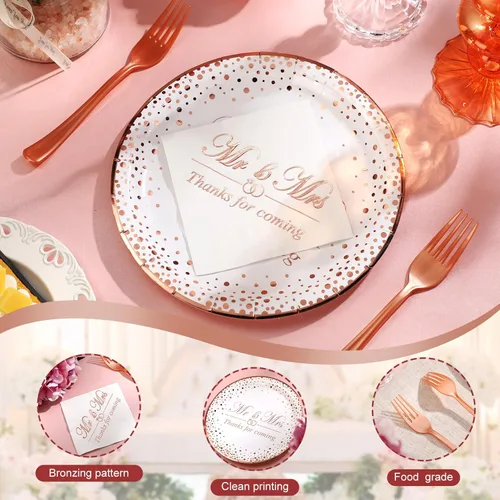 Miniatura 3 de 150 piezas de suministros de fiesta de oro rosa, servilletas, platos, tenedores, vajilla, vajilla desechable para despedida de soltera, boda