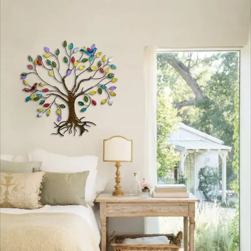 Miniatura 6 de VEWOSTAR Arte de pared de metal para sala de estar, decoración del hogar, hojas coloridas, escultura de pared, árbol de la vida, hecho a mano