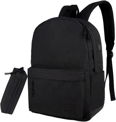 SUPACOOL Mochila casual para laptop con puerto de carga USB para hombres y mujeres, mochila para la universidad, Todo negro, 20 l