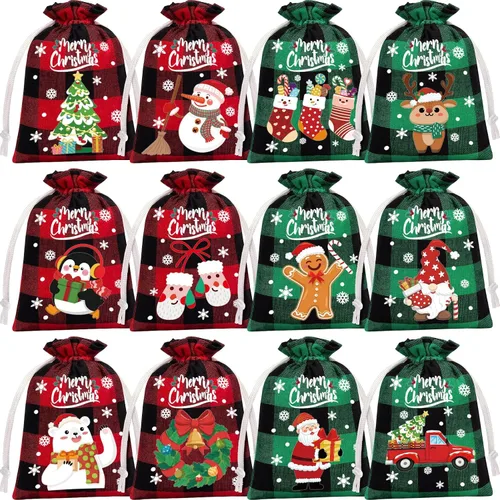 Miniatura 10 de FLOE 72 piezas Bolsas de regalo de Navidad de arpillera con cordón, bolsas de lino de Navidad con cordón para golosinas, bolsas de regalo de Navidad