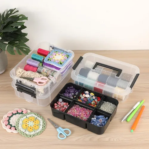Miniatura 5 de JUXYES Paquete de 2 Cajas de Almacenamiento Apilables y Portátiles de 3 Niveles con Bandeja Dividida, Contenedor de Almacenamiento Apilable