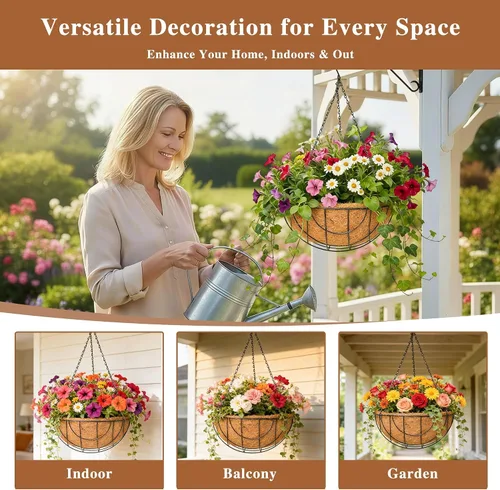 Miniatura 2 de Paquete de 4 macetas colgantes para plantas al aire libre de 12 pulgadas, cesta de flores colgante de metal con forro de fibra de coco, soporte