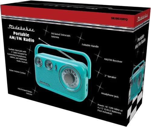 Miniatura 8 de Studebaker SB2003 Radio AM FM portátil retro Altavoz incorporado Alimentado por CA/batería Cable de entrada auxiliar (paquete) (Turquesa)