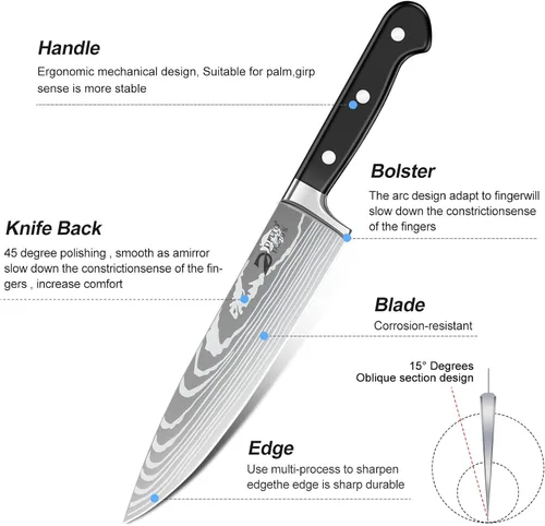 Miniatura 3 de Dfito Juego de cuchillos de chef con bolsa de rollo, juego de 9 cuchillos profesionales con afilador, juego de cuchillos de cocina de acero Negro
