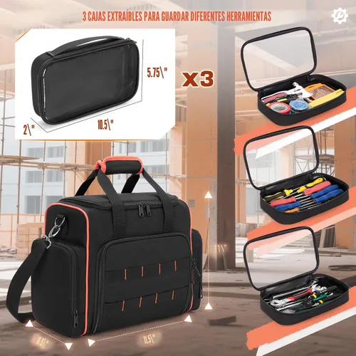 Miniatura 3 de Bolsa de herramientas Marscamd con 3 estuches extraíbles, bolsa de herramientas de 2 capas para herramientas manuales, negra con ribete rojo Negro