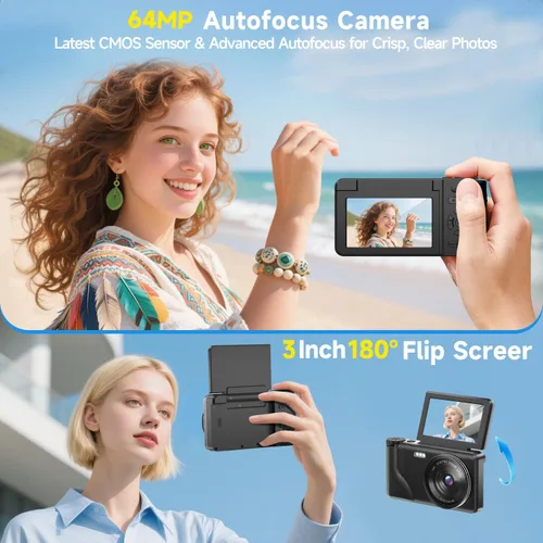 Miniatura 3 de Cámara digital 4K 64MP con pantalla abatible de 3 pulgadas de 180°, cámara fotográfica de enfoque automático para YouTube, cámara de viaje compacta