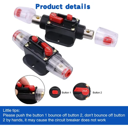 Miniatura 5 de Fusible de reinicio del disyuntor en línea de audio 20A, 12V-24V CC reinicio manual en línea portafusibles 20A para motores marinos de arrastre