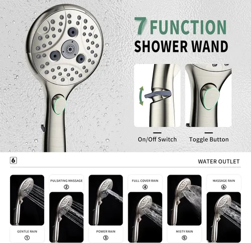 Miniatura 4 de SunCleanse Sistema de regadera, juego completo de grifo de ducha de lluvia para baño con cabezal de regadera de mano de 7 ajustes, incluye válvula
