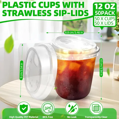 Miniatura 2 de 50 piezas de vasos de plástico para café con tapas con asa, vasos desechables de plástico PET transparente con tapas sin pajita para café helado