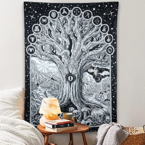 Miniatura 5 de ZYLLGLOW Tapiz del zodiaco con diseño de árbol de la vida en blanco y negro para dormitorio, estético, malvado de ojo, serpiente, sol y luna