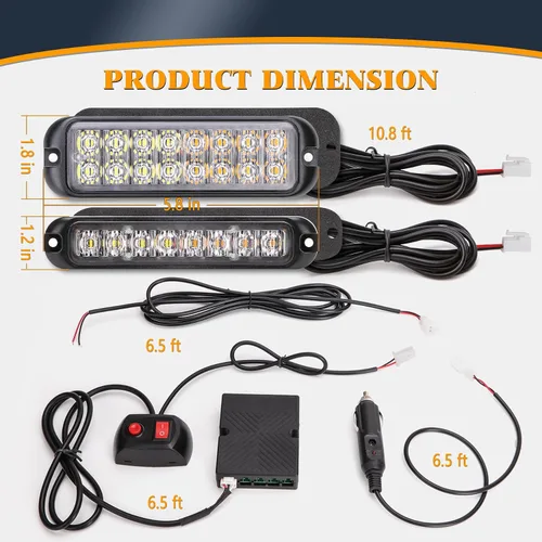 Miniatura 7 de Kit de 8 luces estroboscópicas LED ámbar y blancas de 8 LED y 16 LED, función de sincronización, ultra delgadas, luz de emergencia, advertencia