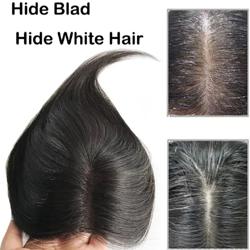 Miniatura 6 de Toppers de cabello humano real de 2.8x3.9 in para mujer, clips finos en encaje suizo para cubrir cabello calvo o blanco, 10 pulgadas