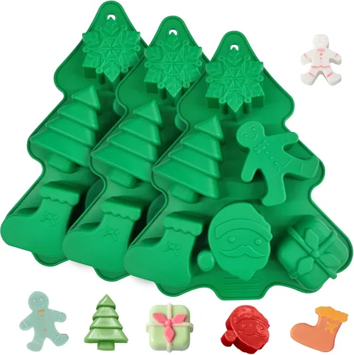 Molde de silicona de Navidad, 3 moldes de silicona para tartas, árbol de Navidad, copo de nieve, Papá Noel, caja de regalo, forma de calcetín para