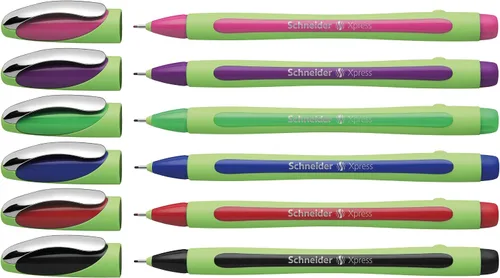 Schneider Xpress Premium Fineliner, punta porosa de 0,8 mm, barril verde claro, colores de tinta surtidos, cartera de 6 bolígrafos: negro, rojo,