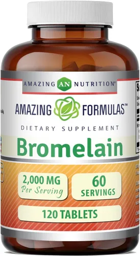 Amazing Formulas Bromelain 2000 mg por porción, suplemento de tabletas, sin OMG, sin gluten, fabricado en Estados Unidos (1 paquete, 120 unidades)