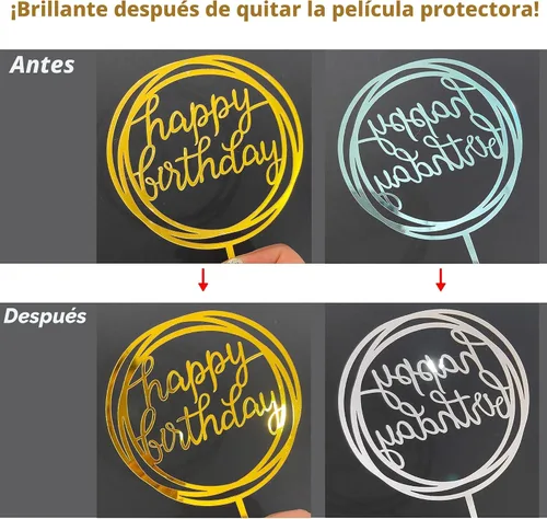 Miniatura 4 de Juego de 6 adornos dorados para tartas, purpurina de doble cara, adornos acrílicos para cupcakes de feliz cumpleaños, decoraciones de cumpleaños