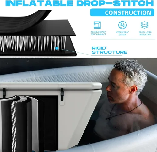 Miniatura 5 de Bañera de hielo inflable para atletas, con borde inclinado, compatible con enfriador de agua, tapa aislada, hoja de suelo de EVA, mochila, 155 2-Gris