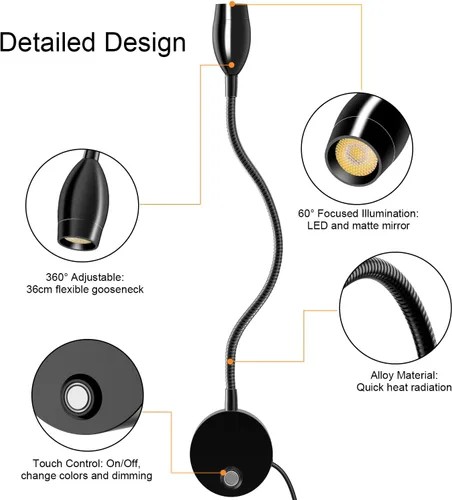 Miniatura 6 de ERAY 1 paquete de 1 luz LED de lectura para cama montada en la pared Touch Control, 3 Dimmable, 360°Flexible Gooseneck Headboard Book Reading
