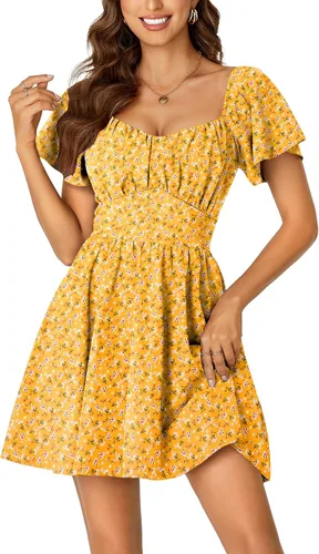 Miniatura 20 de Rooscier Minivestido acampanado de manga corta con volantes, cuello cuadrado, envolvente y espalda anudada para mujer