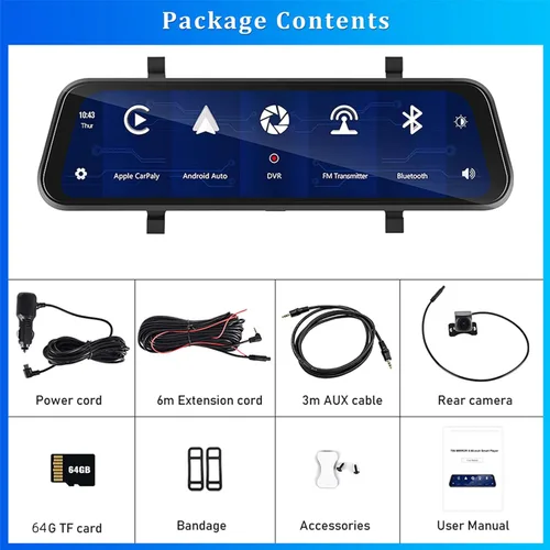 Miniatura 8 de Cámara de espejo retrovisor con Carplay y Android Auto, 9.66 pulgadas 1080P espejo Dash Cam frontal y trasera con control de voz