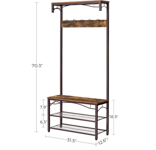 Miniatura 6 de VASAGLE ALINRU UHSR45AX - Perchero 3 en 1, de pasillo, banco de zapatos para la entrada, estante de almacenamiento, marco de acero para muebles