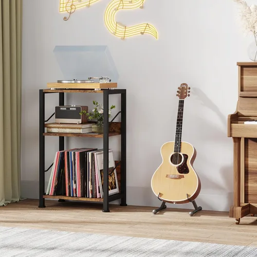 Miniatura 6 de Hosfais - Soporte para tocadiscos de 3 niveles, mesa de almacenamiento para discos de vinilo retro para sala de estar y dormitorio (marrón)