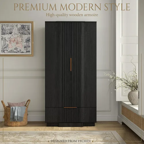 Miniatura 3 de Yechen Armario estriado de 67 pulgadas con puertas y cajón, armario de madera con estante ajustable, armarios pequeños modernos para almacenamiento