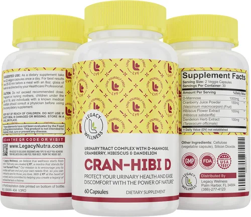 Legacy Wellness Cran-Hibi-D: D Manosa con cápsulas de arándano, hibisco y diente de león, salud del tracto urinario, limpieza natural, apoyo de la