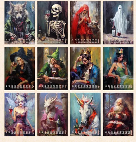 Miniatura 2 de Calendario de pared 2026 [12 páginas de 8 x 12 pulgadas] Criaturas míticas y personajes bebiendo vino solo, póster de ilustración de libro vintage