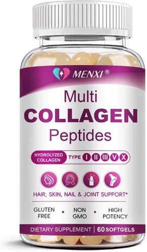 Cápsulas Blandas de Péptidos de Colágeno Múltiple para Mujeres y Hombres - Tipo I, II, III, V, X - Péptidos de Colágeno Hidrolizados con Biotina,