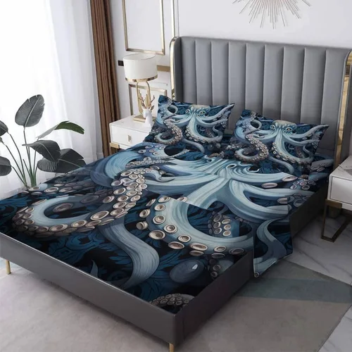 Miniatura 8 de Juego de sábanas de pulpo tamaño individual, sábanas de microfibra suave y bolsillo profundo, sábanas y fundas de almohada estampadas sin arrugas, 3