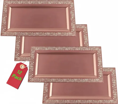 Miniatura 18 de Bandeja de Servir de Plástico Transparente (Paquete de 4) Bandejas y Platos Desechables Transparentes con Borde Dorado para Servir Alimentos