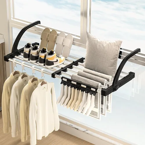Miniatura 5 de Estante de secado de ropa portátil para balcón, barandillas plegables de 29 x 13 pulgadas, alféizar de ventana, radiador retráctil, toallero