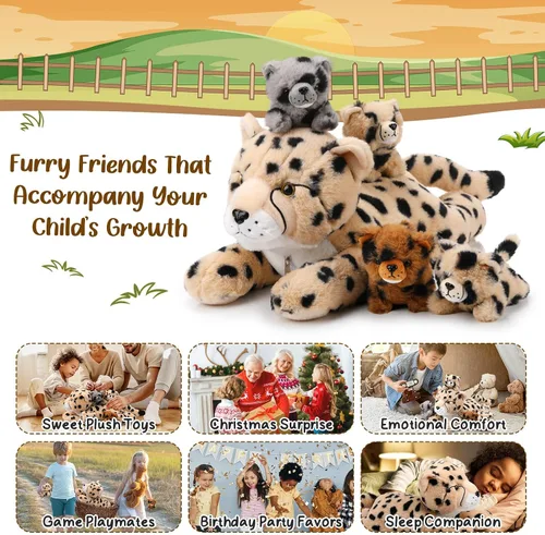 Miniatura 4 de Silipull Juego de 5 piezas de animales de peluche de guepardo grande con 4 cachorros suaves en su barriga para niños y niñas, regalos de cumpleaños