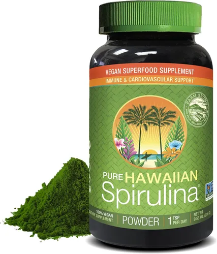 Nutrex Hawaii Polvo de espirulina hawaiana pura – Superalimento vegano, cultivado en granja, sin OMG, apoyo inmunológico y energía celular,