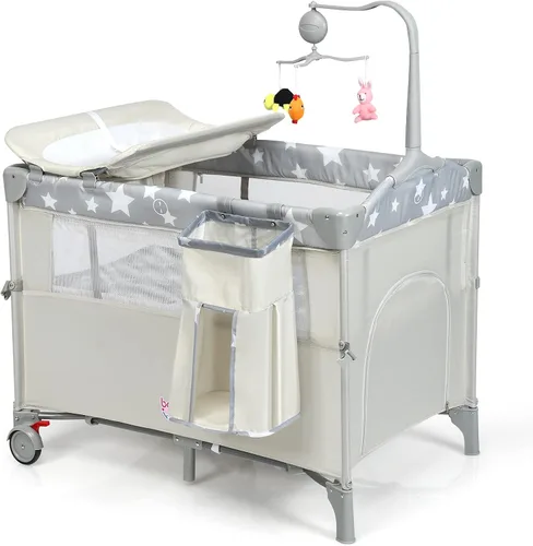 Miniatura 5 de HONEY JOY Pack and Play con moisés, 5 en 1, cuna para bebé para colocar junto a la cama con mesa de cambio de pañales y bolsa de almacenamiento, Café