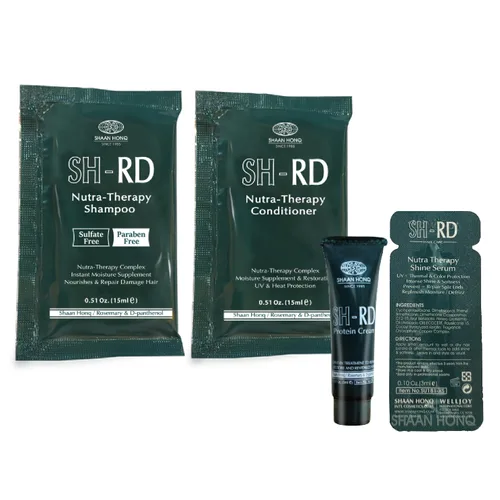 SH-RD Kit de Nutrición Suave para Viajes y Prueba | Champú sin Sulfatos, Acondicionador, Crema de Proteínas, Suero de Brillo | Set de Rutina Diaria