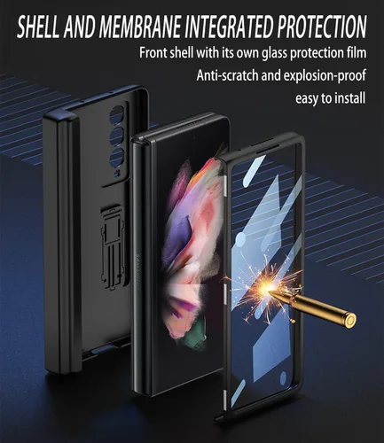 Miniatura 3 de Funda para Samsung Galaxy Z Fold 3 con soporte para bolígrafo, cubierta con bisagras integrada con ranura para bolígrafo, con protector de pantalla