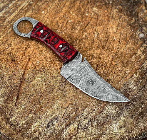 Miniatura 10 de TAC Knives - Cuchillo de supervivencia Bushcraft 12T27 de acero de Damasco con hoja fija para exteriores - Mango de madera Pakka - Funda de cuero