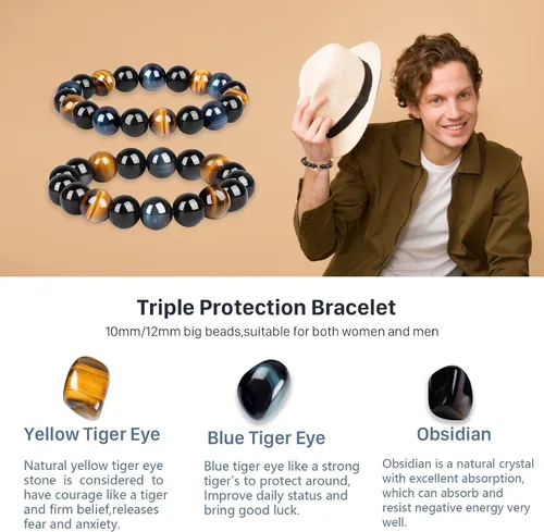 Miniatura 6 de Tiger Eye Bracelet men womenanti-anxiety courage and determination bracelet Black Obsidian Bead Triple Protection Bracelet Jewelry Genuine Crystal