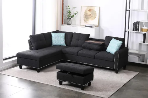 Miniatura 2 de EMKK Sofá modular de 3 piezas, juego de muebles de sala de estar, sofá esquinero tapizado de 5 plazas en forma de L, 1 diván gris oscuro